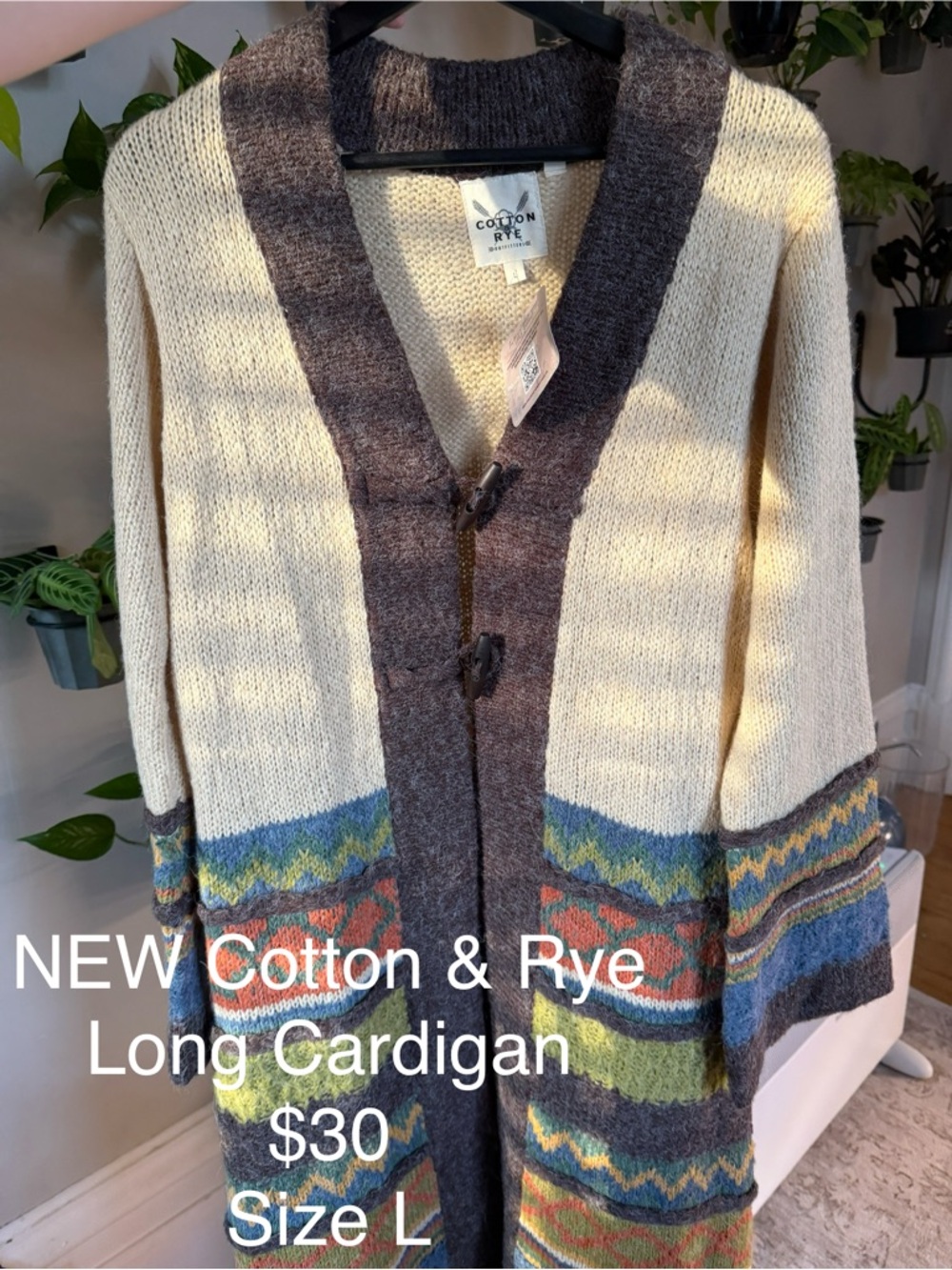 Cotton & Rye Cream Long Cardigan with Multicolor Pattern